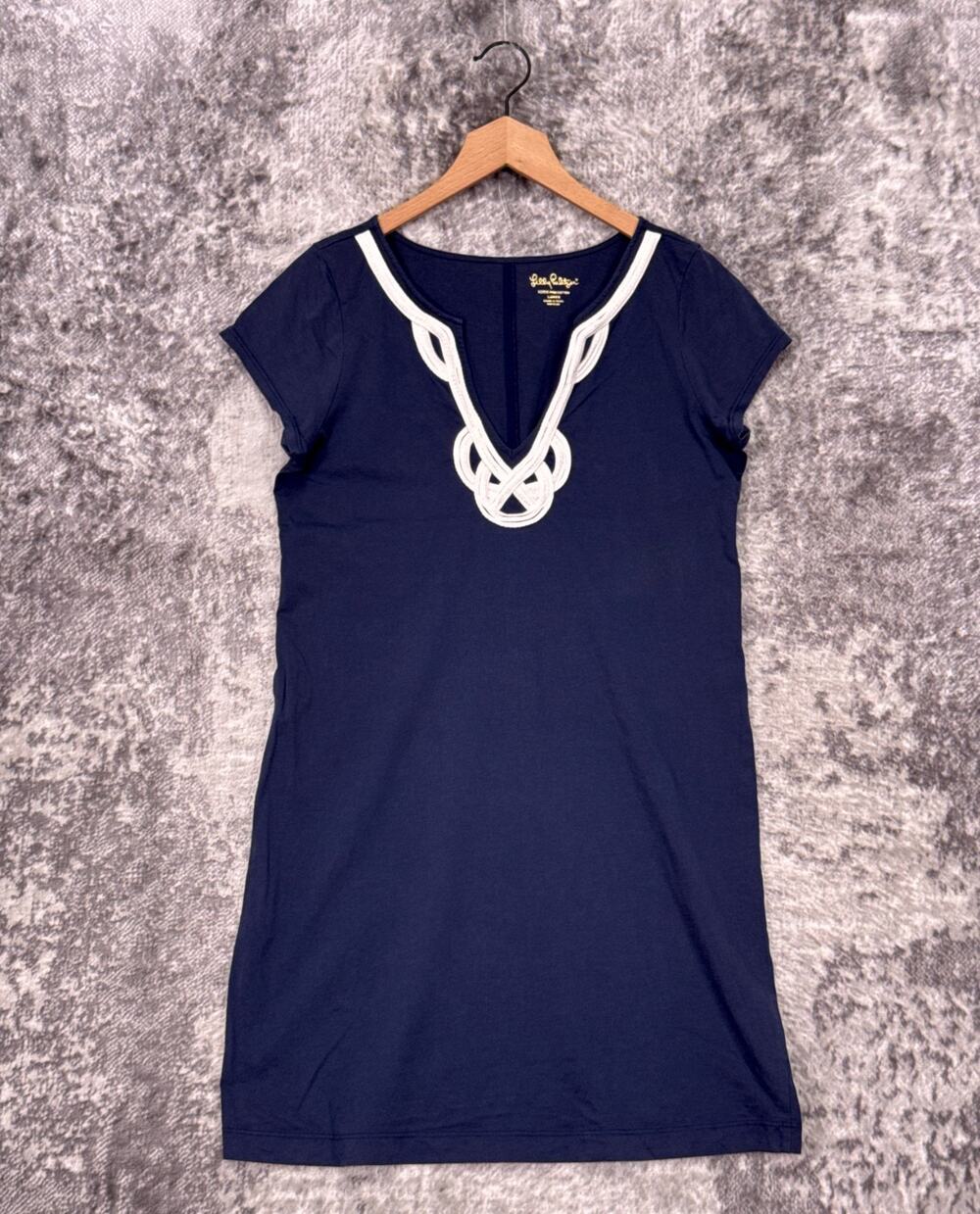 Lilly Pulitzer Brewster Dress Large Womens Blue Pima Cotton Embroidered Shift